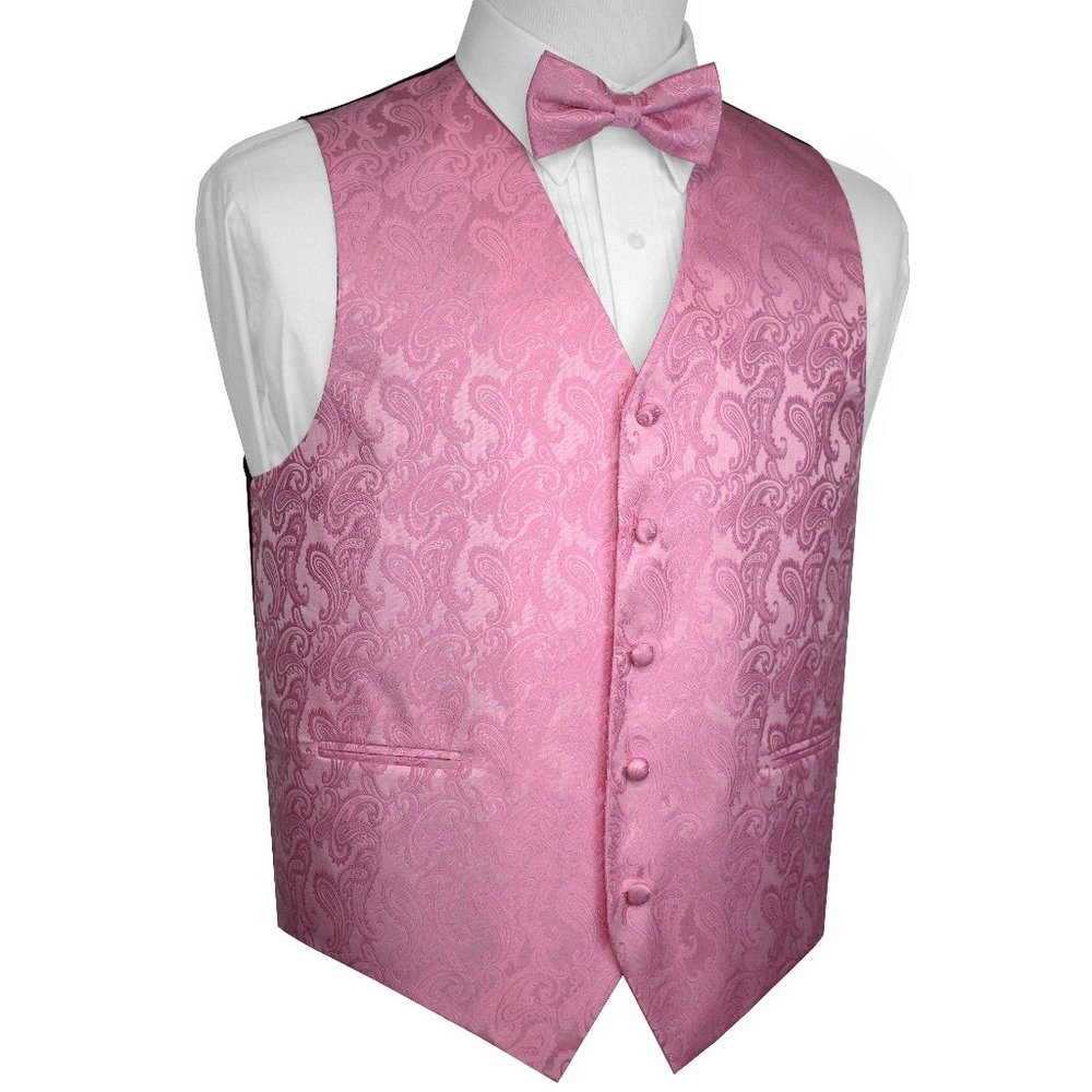 Men's Formal Wedding Prom Homecoming Tuxedo Vest Bow-Tie Hankie - Rose Paisley